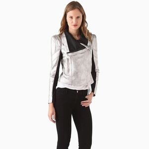 BCBG Max Azria Orson Silver Moto Jacket Size S